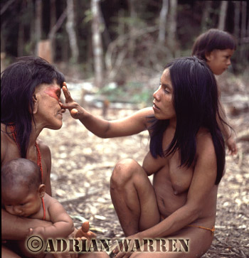 waoraniAW7, Waorani Indians : Use of ACHIOTE for decoration, rio Cononaco, Ecuador, 1983