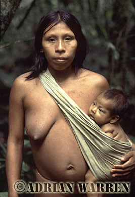 AW_Waorani26, Waorani Indians, Mother and baby, Rio Cononaco, Ecuador, 1983