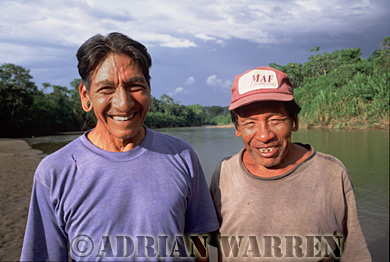 AW_Waorani1109, Waorani Indians : Mincaye, and Dyowe at Palm Beach, Site of 1956 missionary killings, rio Curaray, Ecuador, 2002