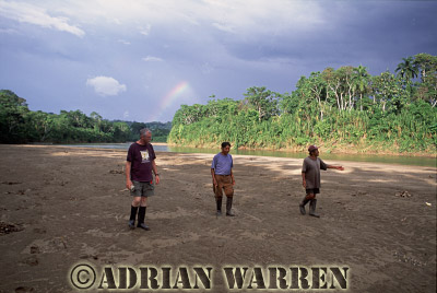 AW_Waorani1110, Waorani Indians : Jim Yost , Mincaye, and Dyowe at Palm Beach, Site of 1956 missionary killings, rio Curaray, Ecuador, 2002